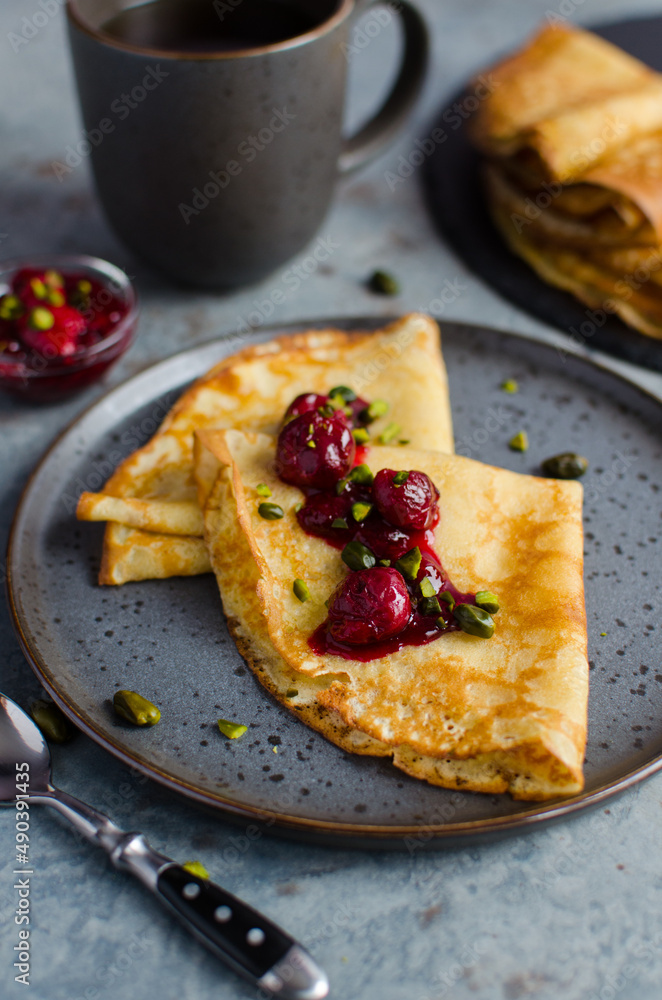 creaps with cherry confiture and pistachios creaps with cherry confiture and pistachios