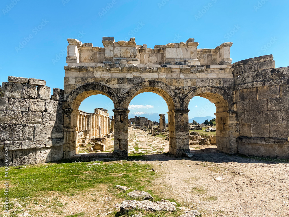 Sunny view of ruins of ancient Hierapolis near Pamukkale, Denizli province, Turkey.