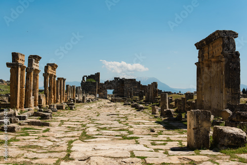 Sunny view of ruins of ancient Hierapolis near Pamukkale, Denizli province, Turkey.