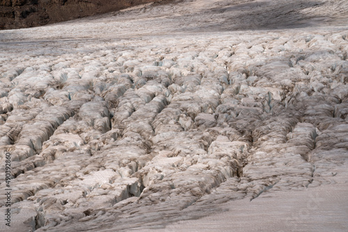 Ice field. Closeup view of glaciar Castaño Overo ice torrent in Tronador hill summit. Beautiful natural texture and pattern. photo