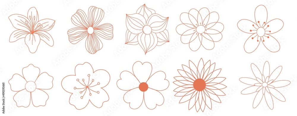 Set of linear icons of spring flowers isolated on white. Cute illustrations in bright orange for stickers, labels, postcards, scrapbooking