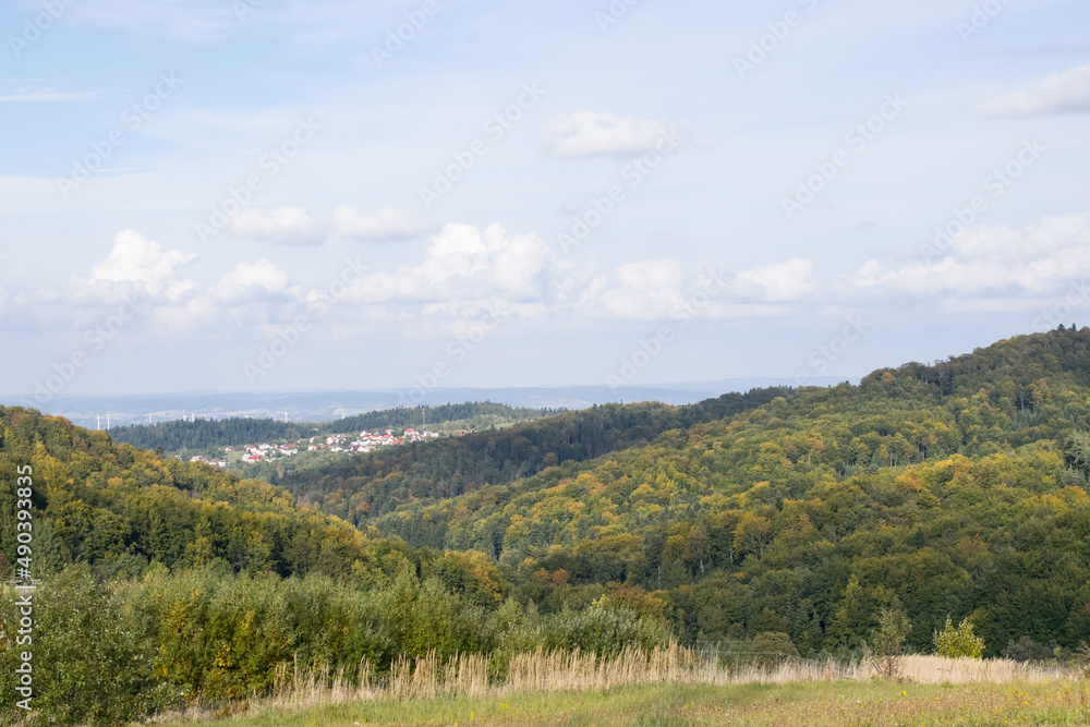 Landscape overlooking high mountains and glades. In the distance a strip of trees and buildings.