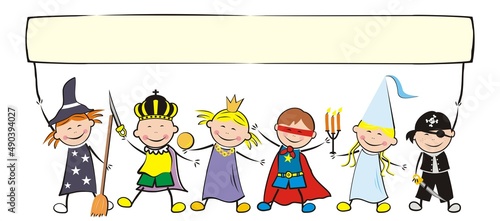 Party, carnival, happy kids and carnival masks, vector illustration on white background. Group of little girls and boys with blank banner.