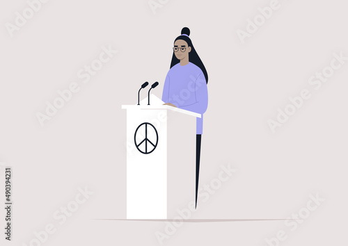 A female Asian character standing on stage with a peace sign on a podium, a pacifist conference