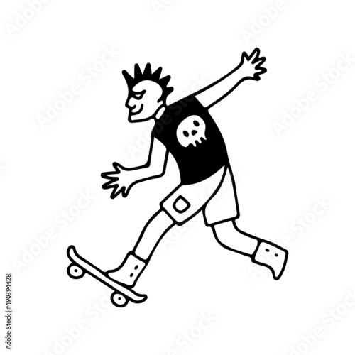 Punk boy riding skateboard, illustration for t-shirt, sticker, or apparel merchandise. With doodle, retro, and cartoon style.
