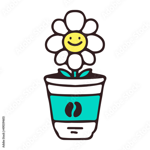 Sunflower and coffee, illustration for t-shirt, sticker, or apparel merchandise. With doodle, retro, and cartoon style.