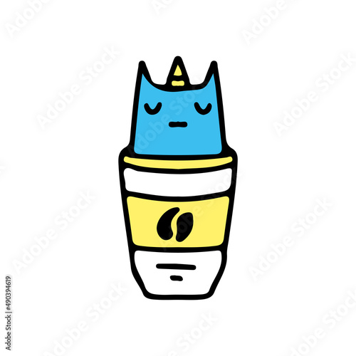 Unicorn cat and coffee, illustration for t-shirt, sticker, or apparel merchandise. With doodle, retro, and cartoon style.