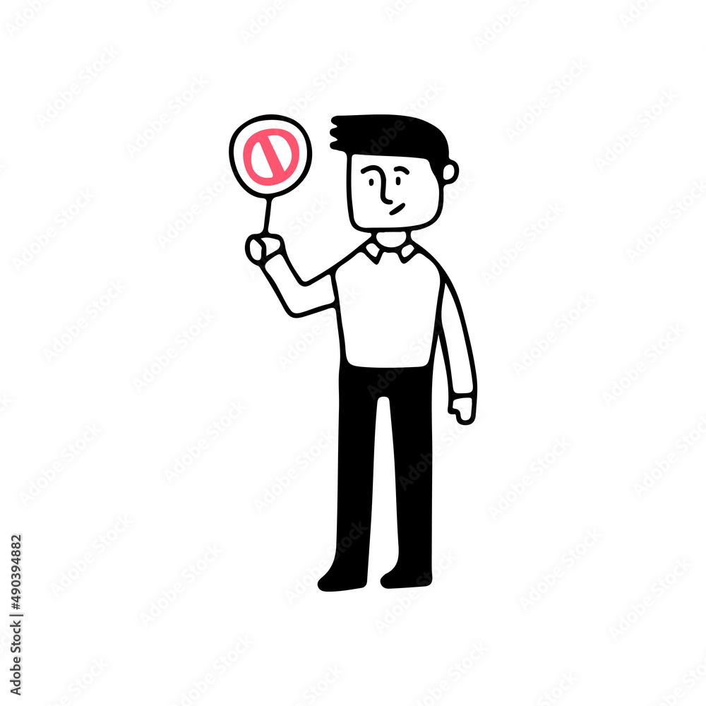 Young man holding stop sign, illustration with doodle, retro, and cartoon style. Young man holding stop sign, illustration with doodle, retro, and cartoon style.