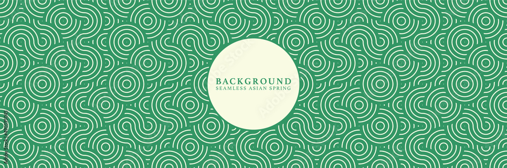 Asian background motif in oriental geometric bizarre style. Spring ornament texture for decorative backdrop, wrapping, banner. Green organic wavy abstract asian vector japanese classic motif. 