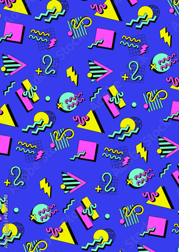 Vintage seamless pattern with purple background. The 90's pattern style