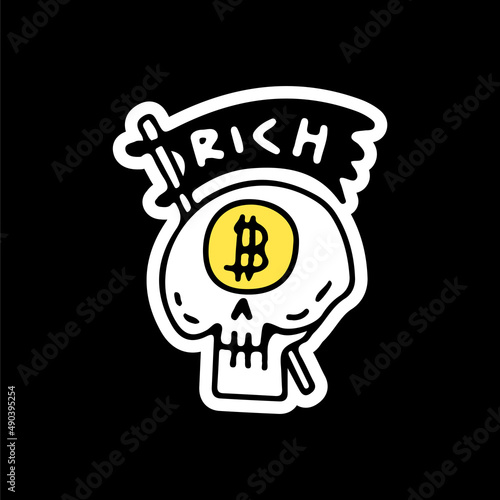 Skull with bitcoin eyes and flag, illustration for t-shirt, sticker, or apparel merchandise. With doodle, retro, and cartoon style.