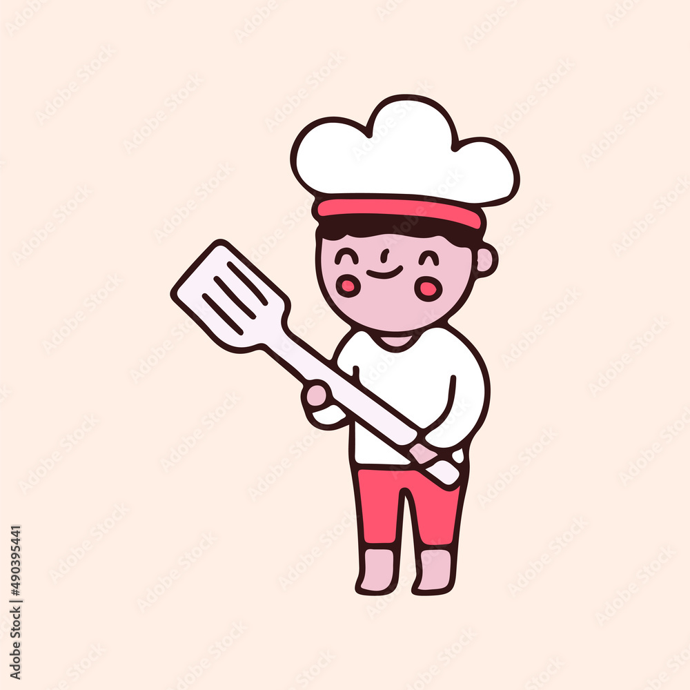 Cute baby chef holding spatula cartoon. Illustration for Perfect Nursery children, kids, greeting. Cute baby chef holding spatula cartoon. Illustration for Perfect Nursery children, kids, greeting.