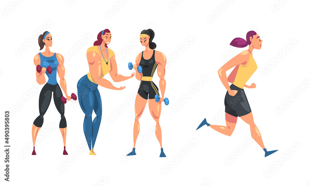 Sportive girls exercising with dumbbells and running cartoon vector illustration Sportive girls exercising with dumbbells and running cartoon vector illustration