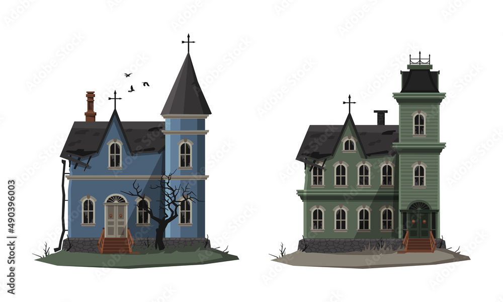 Abandoned castles set. Haunted gothic mansions cartoon vector illustration
