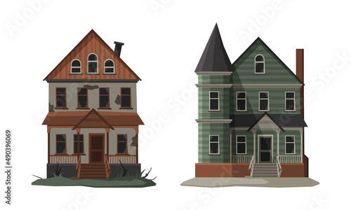 Abandoned scary mansions set. Haunted gothic houses cartoon vector illustratio
