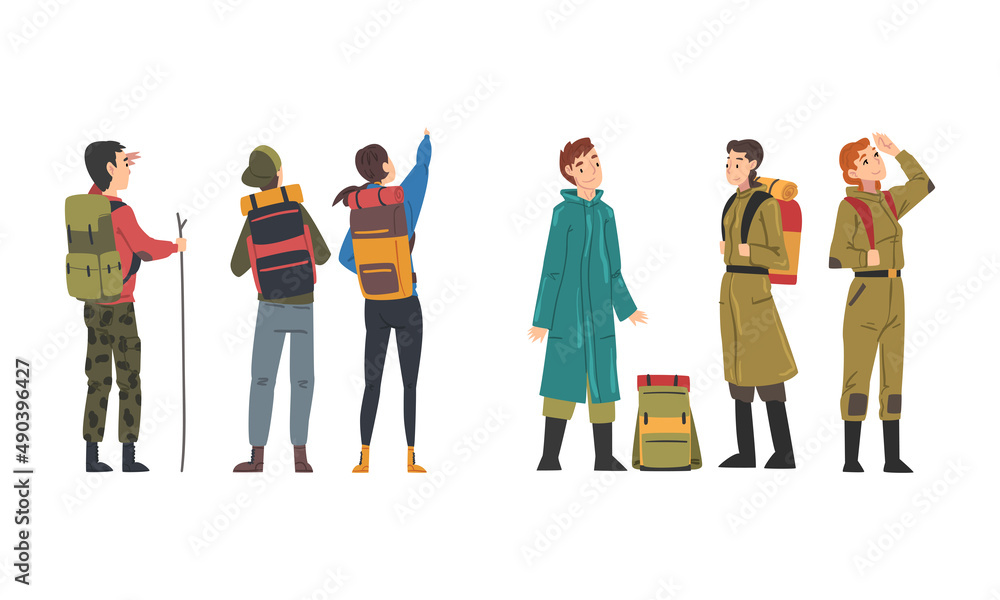 Tourists with backpacks hiking on nature cartoon vector illustration Tourists with backpacks hiking on nature cartoon vector illustration