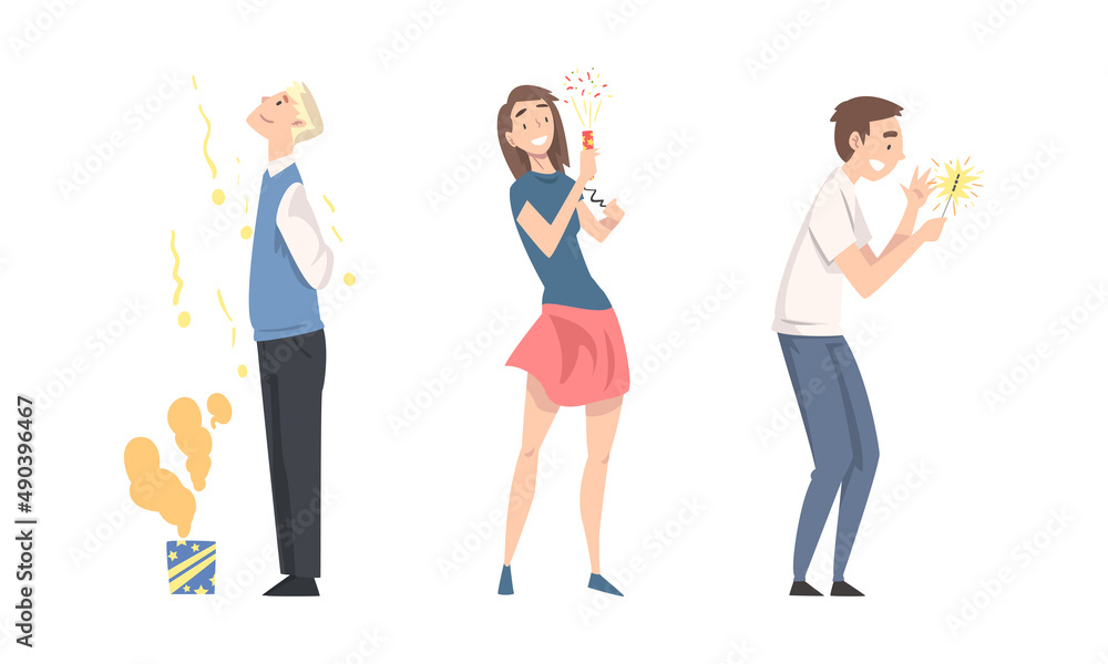 Obraz premium People launching fireworks rocket and celebrating holiday with sparklers cartoon vector illustration