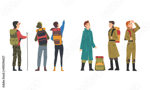 Tourists with backpacks hiking on nature cartoon vector illustration