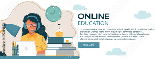 Concept illustration of online courses, distance studying, self education, digital library. E-learning banner. Online education. Vector illustration in flat style