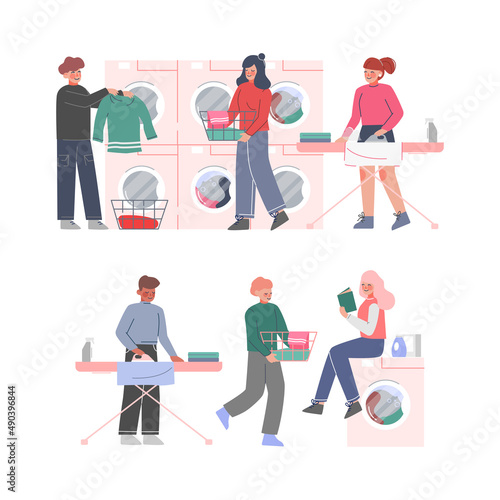 People washing clothes in public laundry. Men and women cleaning, laundering, drying and ironing clothing cartoon vector illustration