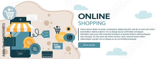 On line shopping and payment Methods. Mobile payments. Pay per click and online order. Flat vector illustration. Website banner