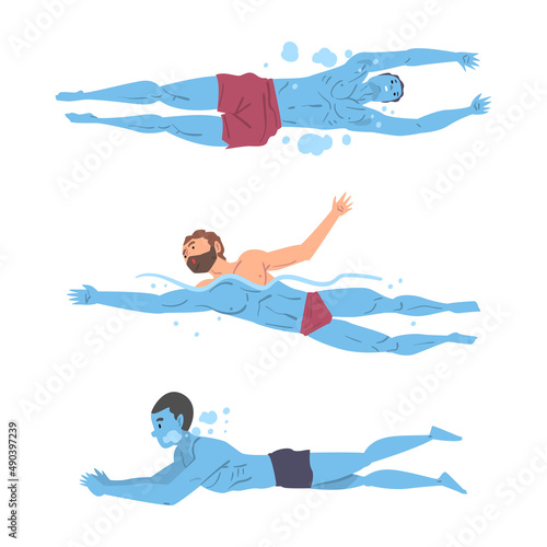 People swimming and diving in swimming pool set cartoon vector illustration