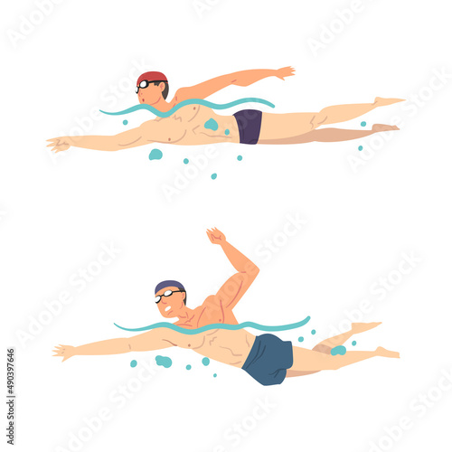 Young man swimming in water set cartoon vector illustration