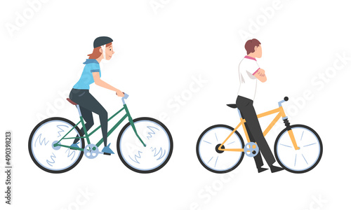 People riding bicycles set. Young man and woman using two wheeled transport cartoon vector illustration