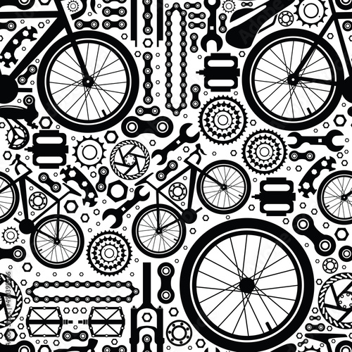 Bicycles.  Seamless pattern. Bicycle parts of bolts, nuts, stars for services, repair shops. Vector  image.