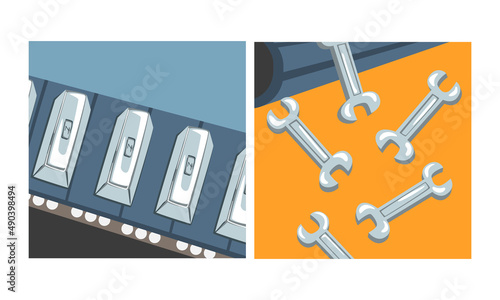 Steel and alloys production conveyor. Metallurgical industry, steel and alloys production vector illustration