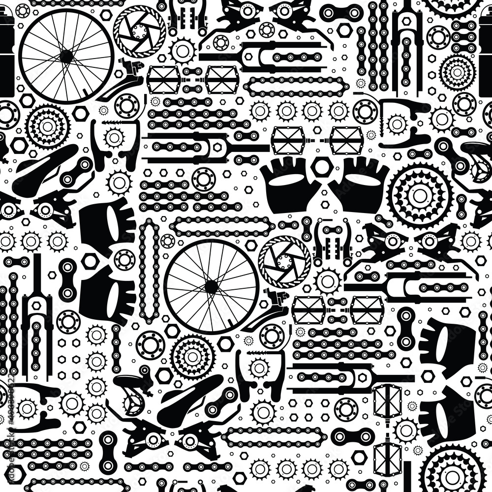 Bicycles. Seamless pattern. Bicycle parts of bolts, nuts, stars for services, repair shops. Vector image. Bicycles. Seamless pattern. Bicycle parts of bolts, nuts, stars for services, repair shops. Vector image.