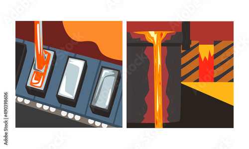 Hot steel pouring in molds, metal casting process. Metallurgical industry, steel and alloys production vector illustration