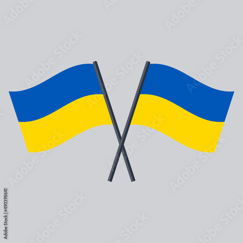 Two Ukraine flags on stick crossed. Vector icon flat design.