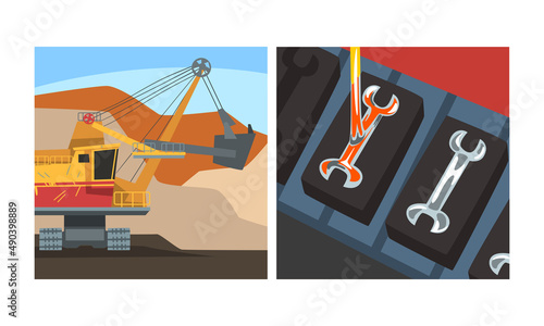 Dumping truck at mining quarry and hot steel pouring in molds. Metallurgical industry, steel and alloys production vector illustration