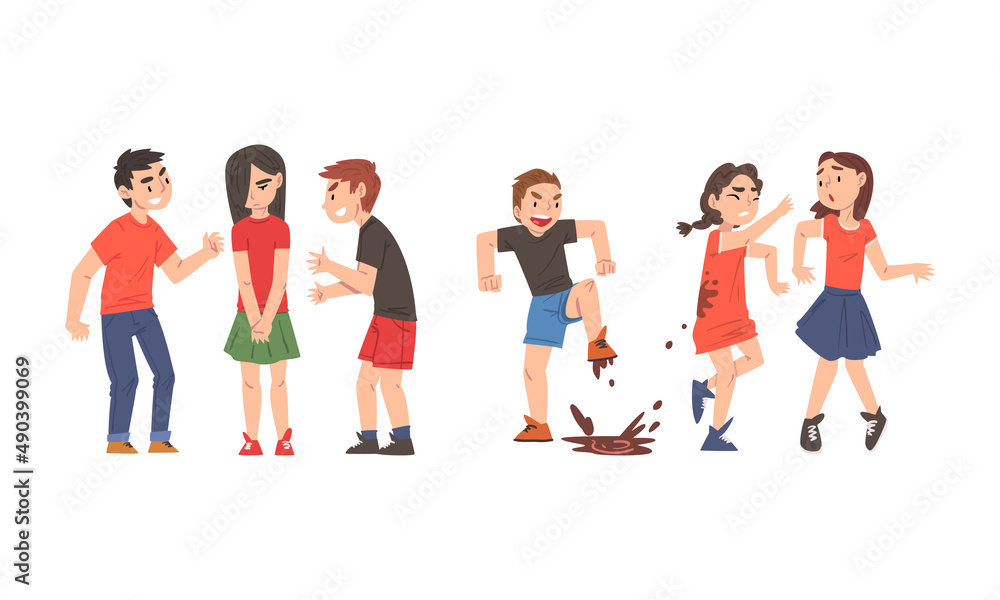 Boys mocking and teasing at girls set. Conflicts between boys children cartoon vector illustration Boys mocking and teasing at girls set. Conflicts between boys children cartoon vector illustration
