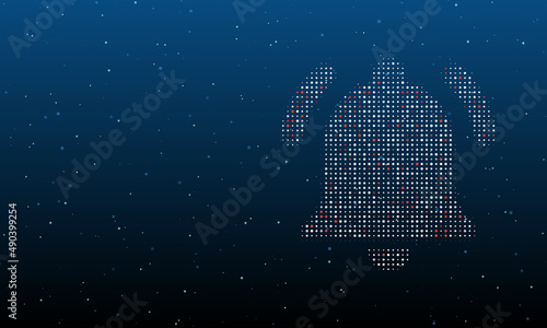 On the right is the bell symbol filled with white dots. Background pattern from dots and circles of different shades. Vector illustration on blue background with stars