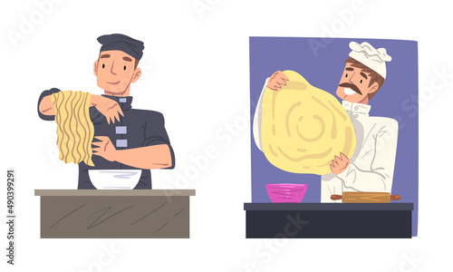 Chefs cooking noodles and pizza cartoon vector illustration