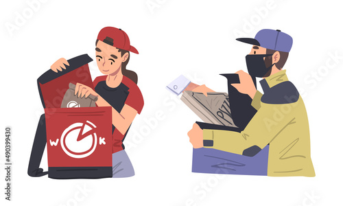 Couriers delivering food to customer at home set. Express delivery service cartoon vector illustration