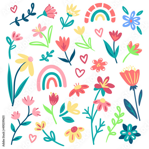 Vector set of decorative floral elements and decorative rainbows