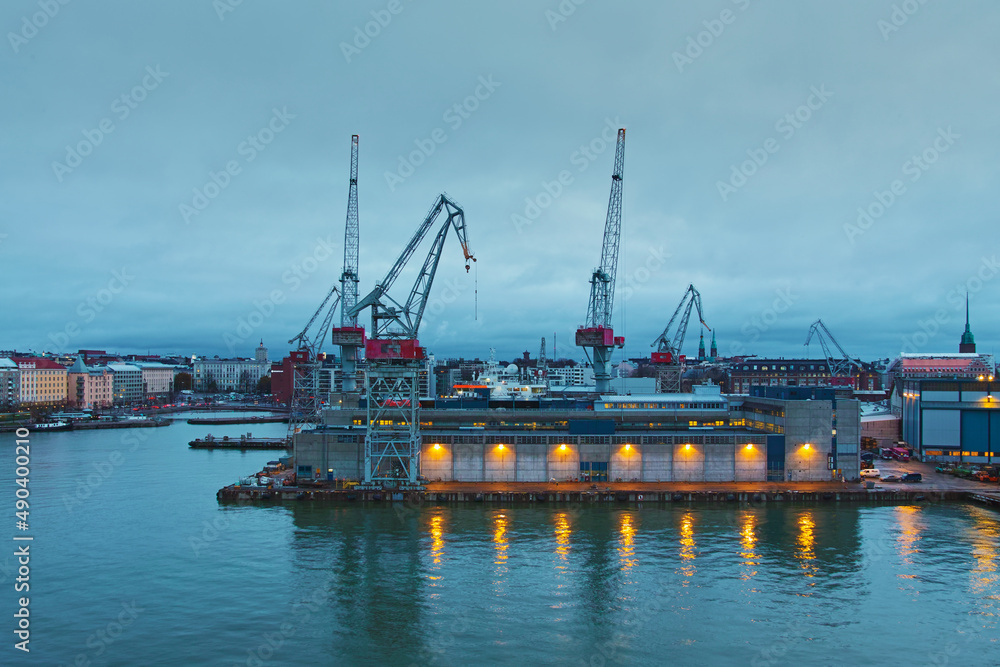 Hietalahti shipyard in Lansisatama (West harbor) in Finnish capital Helsinki: ship building plant in Europe.