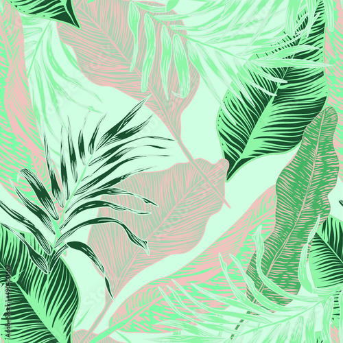 vector seamless stylish trendy tropical patterns with exotic leaves in custom bright colors. Vector lush foliage for stylish pattern surface design