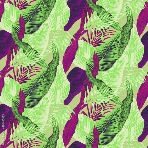vector seamless stylish trendy tropical patterns with exotic leaves in custom bright colors. Vector lush foliage for stylish pattern surface design