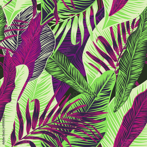 Fototapeta Naklejka Na Ścianę i Meble -  vector seamless stylish trendy tropical patterns with exotic leaves in custom bright colors. Vector lush foliage for stylish pattern surface design