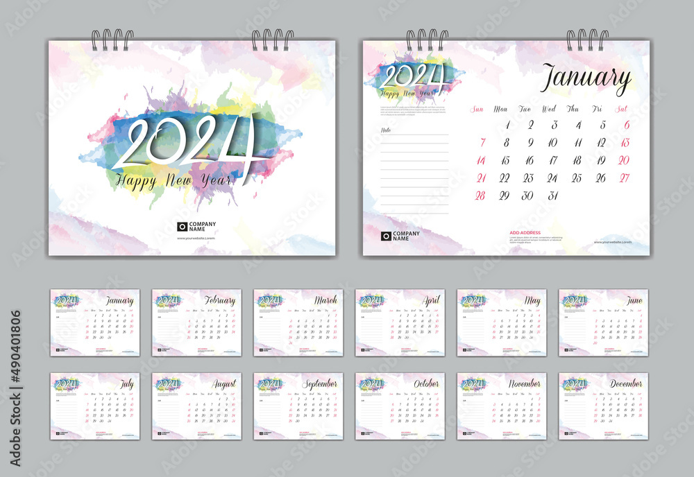 Calendar 2024 template set on colorful watercolor background and cover ...