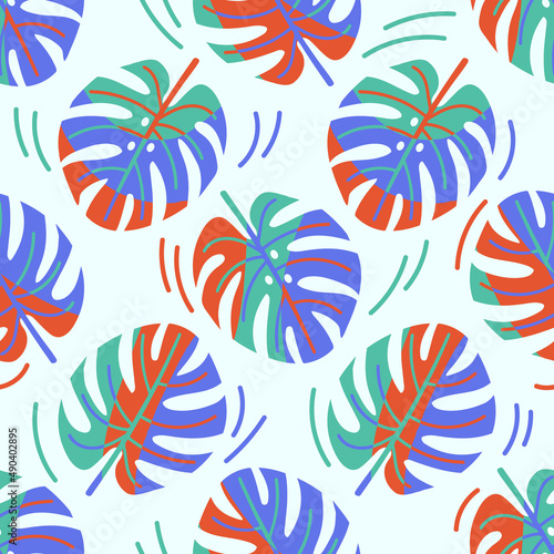 Seamless pattern of abstract tropical leaves of monstera. Flat style, exotic leaves in unusual colors. Vector repeating pattern, isolated background.