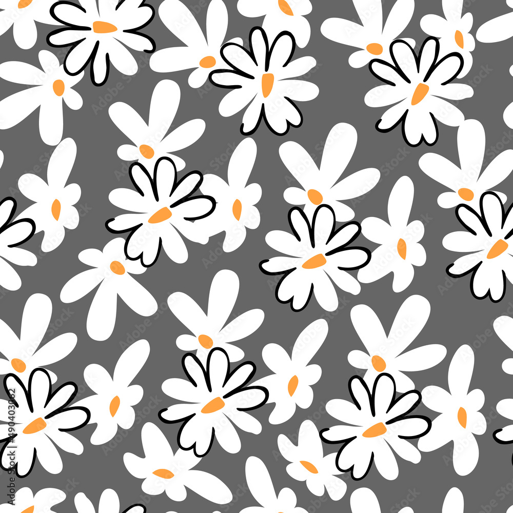 Simple seamless repeat pattern with spring white flowers on gray .Hand drawn cute floral background and texture with chamomile for printing on fabrics and paper,cards,posters.Vector illustration. Simple seamless repeat pattern with spring white flowers on gray .Hand drawn cute floral background and texture with chamomile for printing on fabrics and paper,cards,posters.Vector illustration.