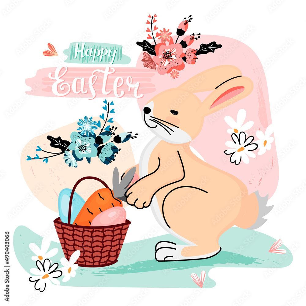 Happy Easter greeting card with cute rabbit,basket with carrot and eggs ...