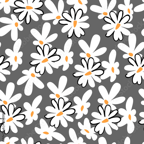 Simple seamless repeat pattern with spring white flowers on gray .Hand drawn cute floral background and texture with chamomile for printing on fabrics and paper,cards,posters.Vector illustration.