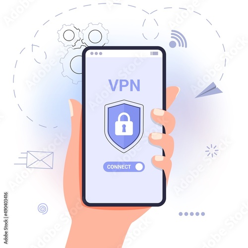VPN Service Concept Virtual private network App for secure connection Data encryption Remote server Cloud technology Vector illustration Internet service provider Intranet access Cyber security