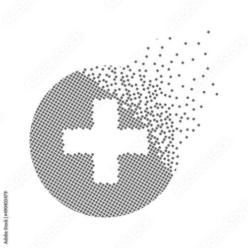 Plus sign fast pixel points icon. The hospital-clinic and health pixel is flat-solid. Dissolved and dispersed moving dot art. Integrative and integrative pixel movement. Modern icon Speed ​​and ports.